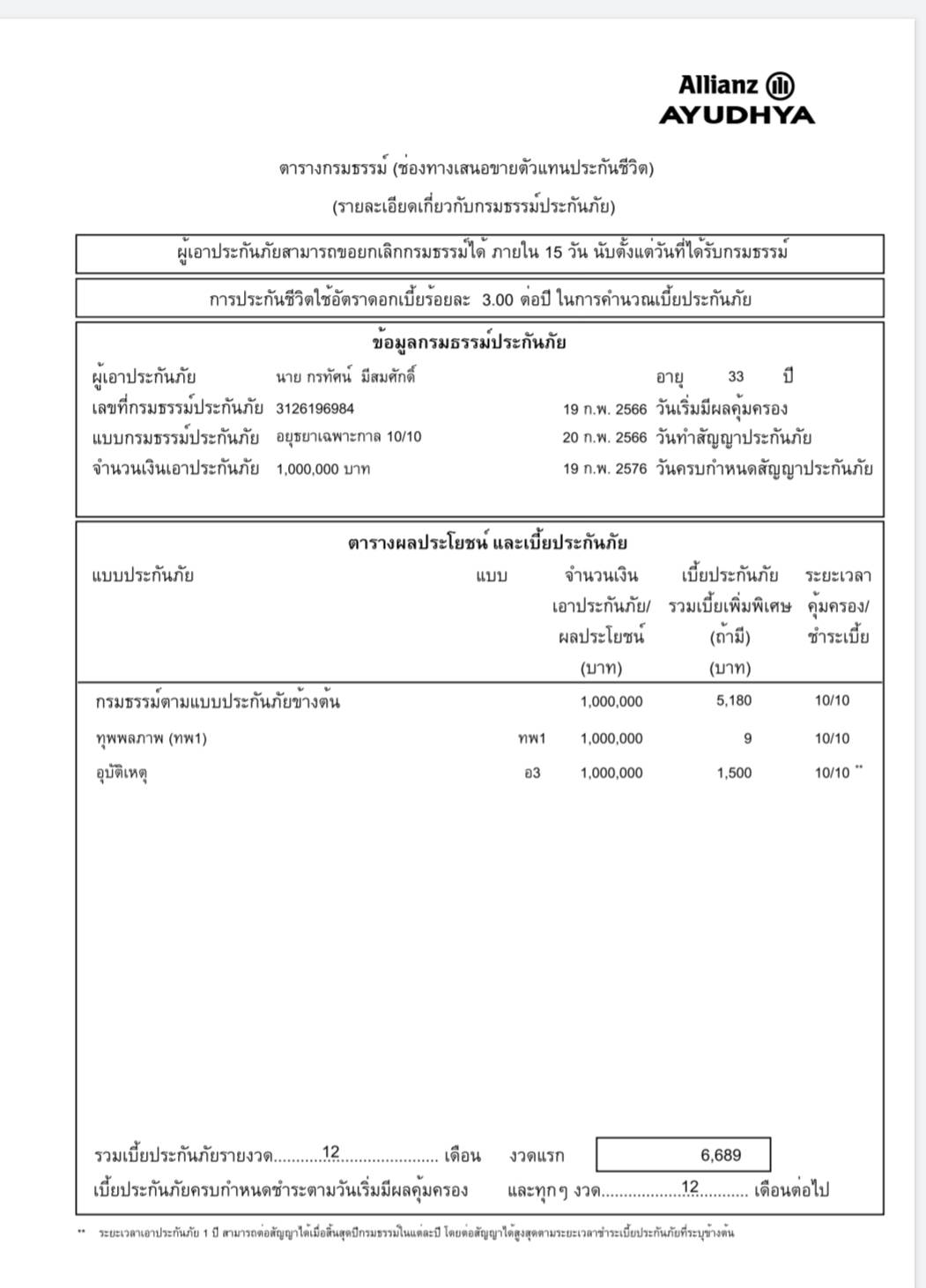 ทำให้ตัวเองทุนประกัน 1ล้านบาท + อุบัติเหตุ 1ล้านบาท เบี้ยเริ่มต้น 500บาทต่อเดือน