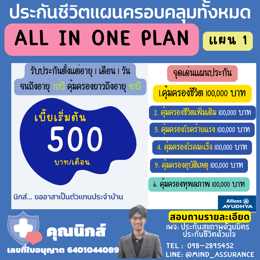 แผน ALL IN ONE (แผนที่1) ประกันชีวิต ประกันโรคร้ายแรง ประกันมะเร็ง รวมประกันอุบัติเหตุ ครบทั้งหมด