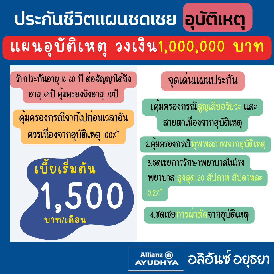 ประกันชีวิต และประกันอุบัติเหตุ ทุน 1,000,000 บาท