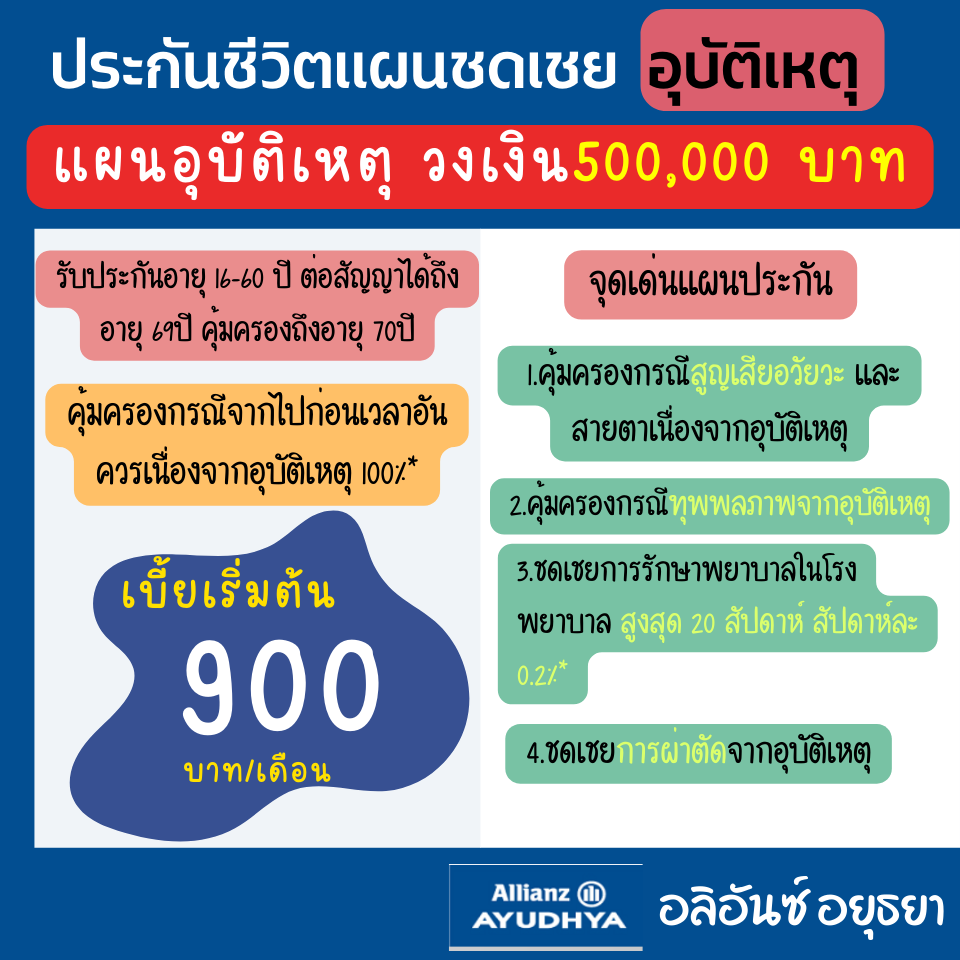 แผนประกันชีวิต และประกันอุบัติเหตุวงเงิน 500,000 บาท